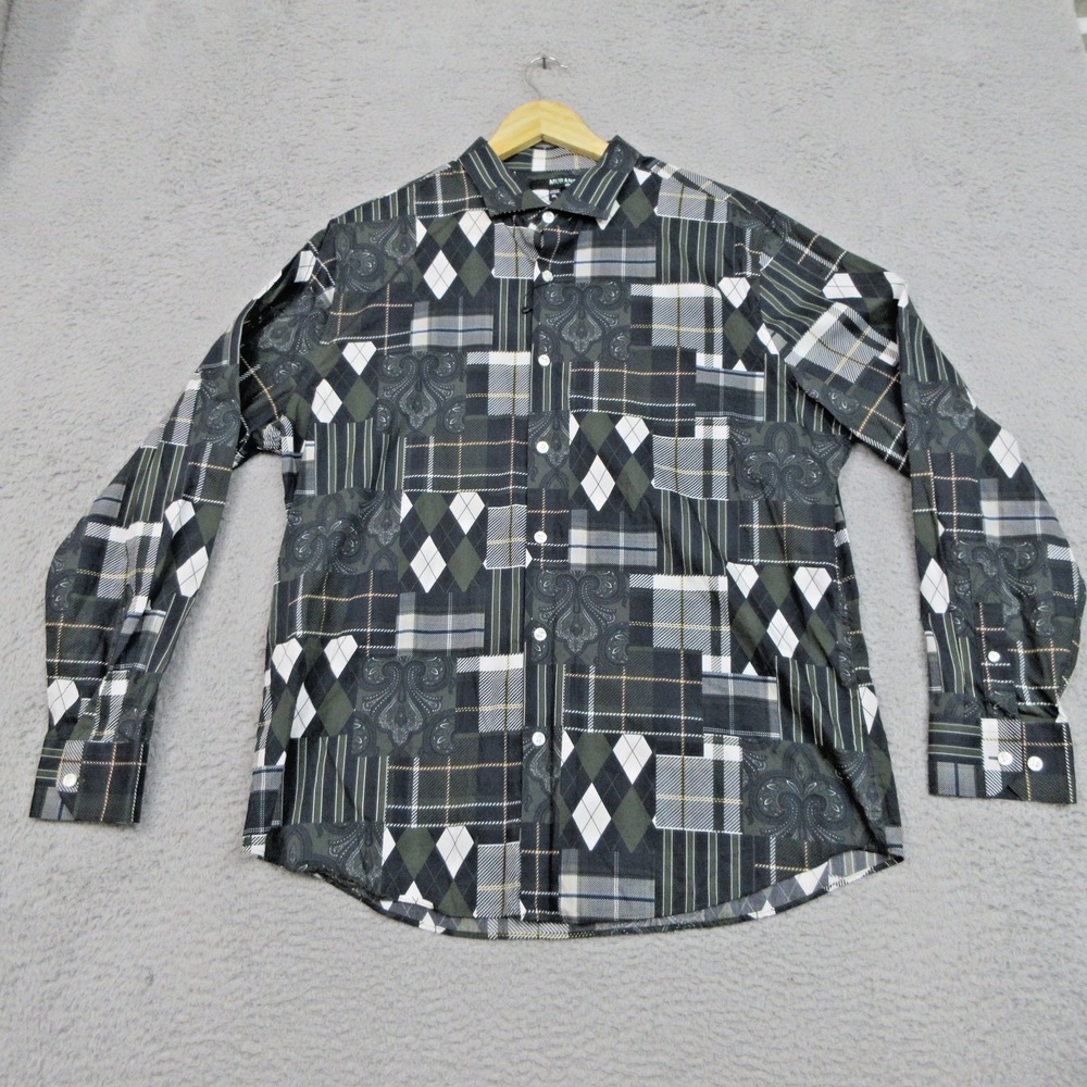 Murano Paisley Shirt Mens XL Black‎ Green White Plaid Patchwork Button Down Slim